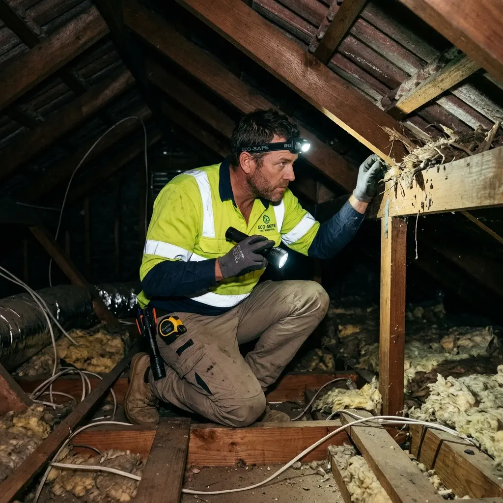 Technician inspecting a roof cavity for a dead animal in Ashwood